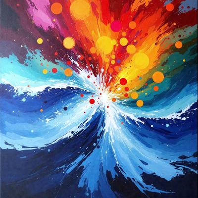 The primary subject of the image is a colorful painting featuring a blue and orange background. The painting is a mix of different colors, creating a vibrant and lively atmosphere. The setting is a canvas, and the visual style is a painting, showcasing the artist's creativity and skill in blending various colors and patterns. The overall mood of the painting is energetic and captivating, inviting the viewer to appreciate the artistic expression.